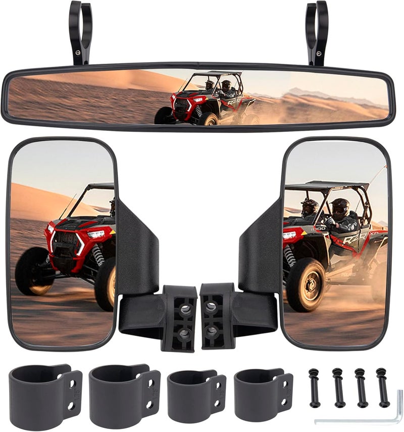 CMOOD UTV Side Rear View Mirror With 1.75" to 2" Roll Bar Cage Compatible with Polaris RZR Honda Pioneer Yamaha Rhino Kawasaki Teryx, With Center View Mirror - Image 1